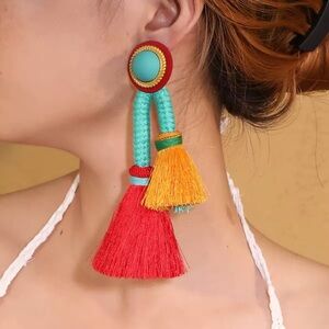 Large Colourful Tassel Statement Earrings Long Big Chunky Summer Spring Red Blue